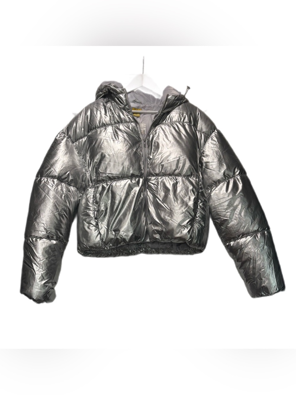 NWT Daisy Metallic Silver Cropped Puffer Jacket Hooded Shiny Coat Plus Size 1X